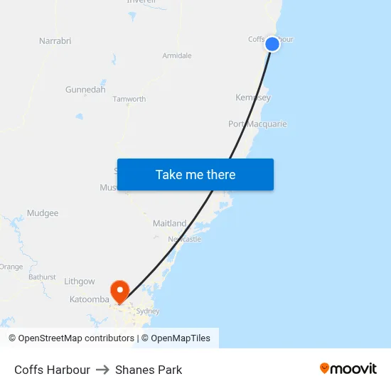Coffs Harbour to Shanes Park map