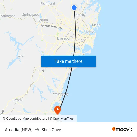 Arcadia (NSW) to Shell Cove map