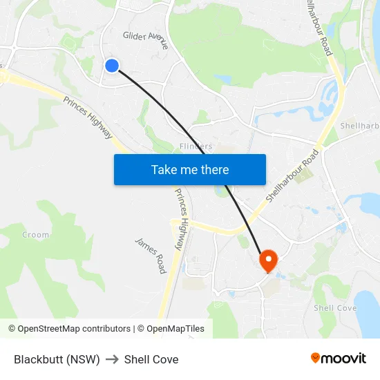 Blackbutt (NSW) to Shell Cove map
