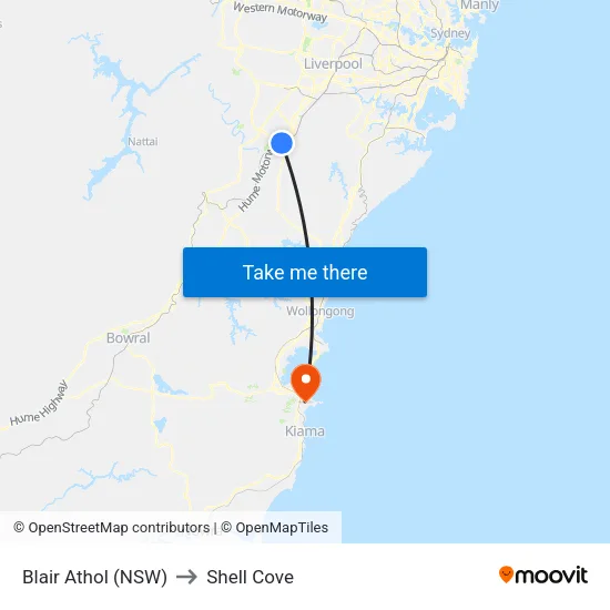 Blair Athol (NSW) to Shell Cove map
