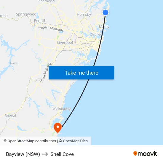 Bayview (NSW) to Shell Cove map