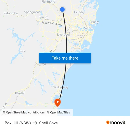Box Hill (NSW) to Shell Cove map