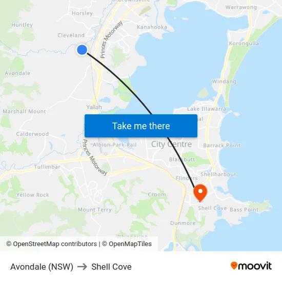 Avondale (NSW) to Shell Cove map