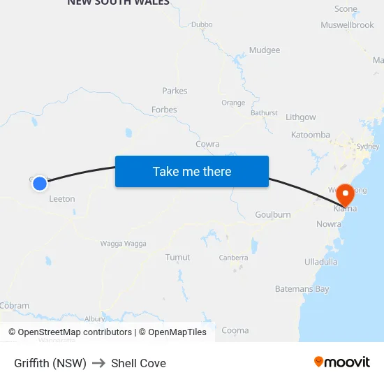 Griffith (NSW) to Shell Cove map