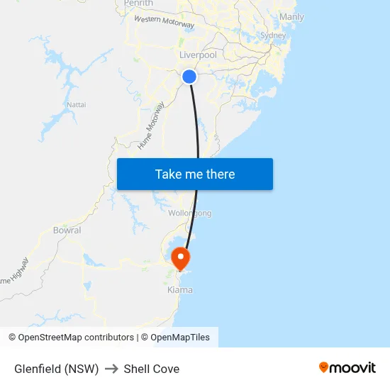 Glenfield (NSW) to Shell Cove map