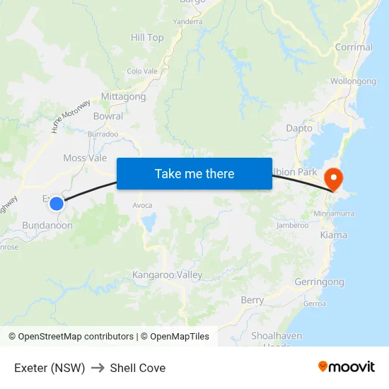 Exeter (NSW) to Shell Cove map
