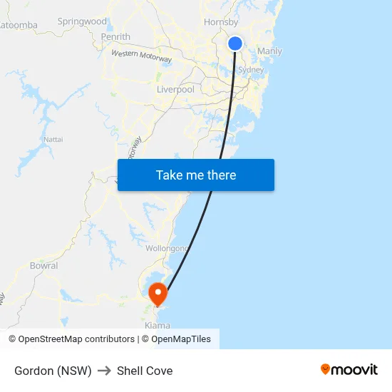 Gordon (NSW) to Shell Cove map