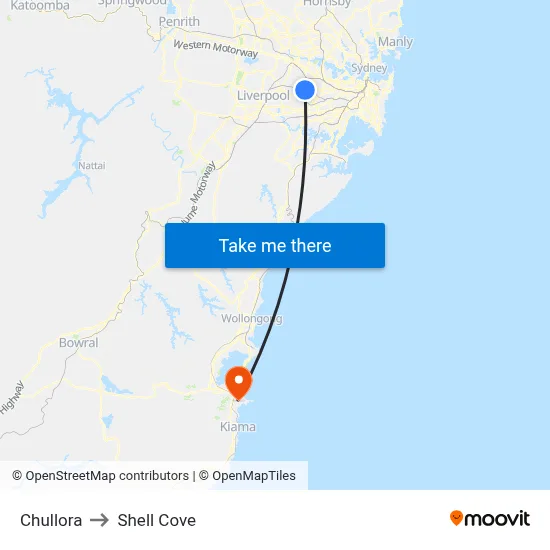 Chullora to Shell Cove map