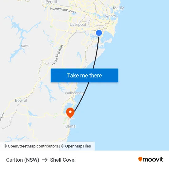 Carlton (NSW) to Shell Cove map