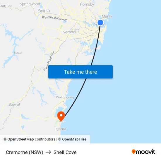 Cremorne (NSW) to Shell Cove map