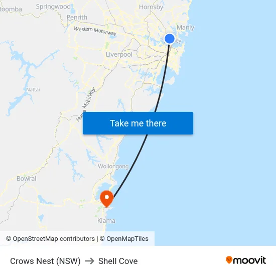Crows Nest (NSW) to Shell Cove map
