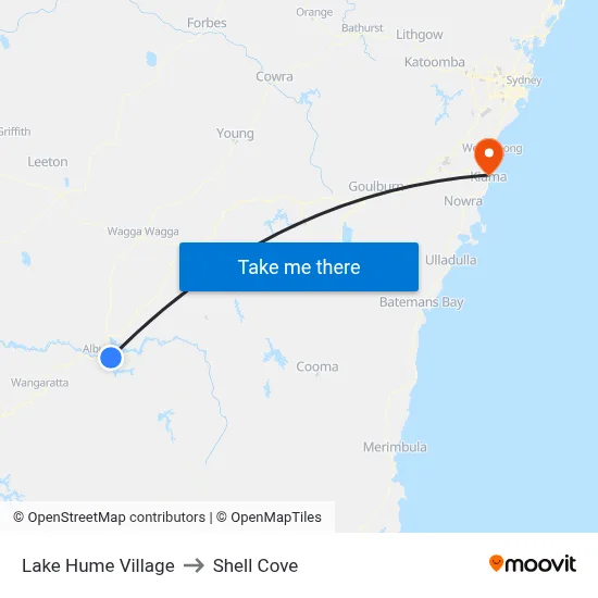 Lake Hume Village to Shell Cove map
