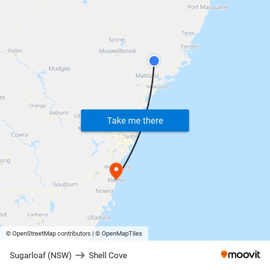 Sugarloaf (NSW) to Shell Cove map