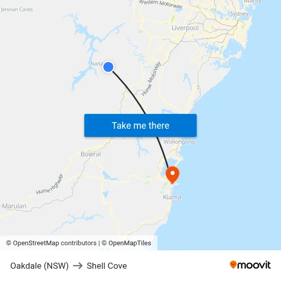 Oakdale (NSW) to Shell Cove map