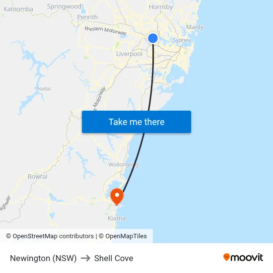 Newington (NSW) to Shell Cove map