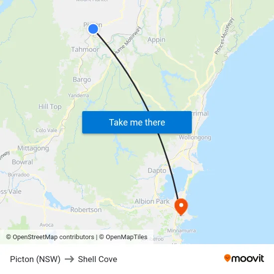 Picton (NSW) to Shell Cove map