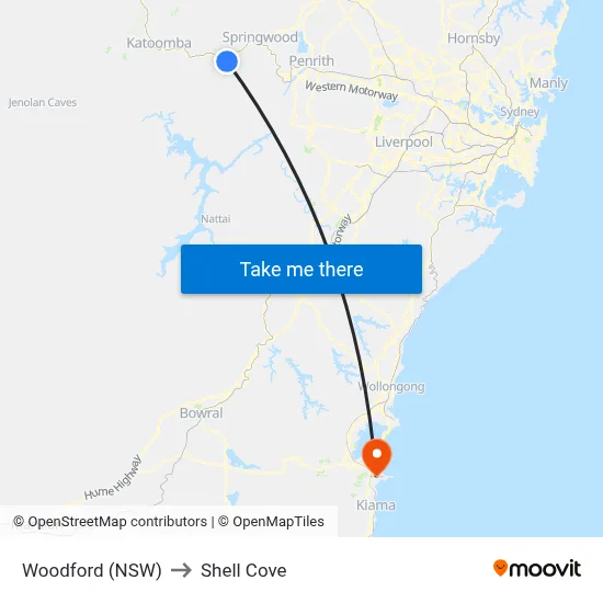 Woodford (NSW) to Shell Cove map