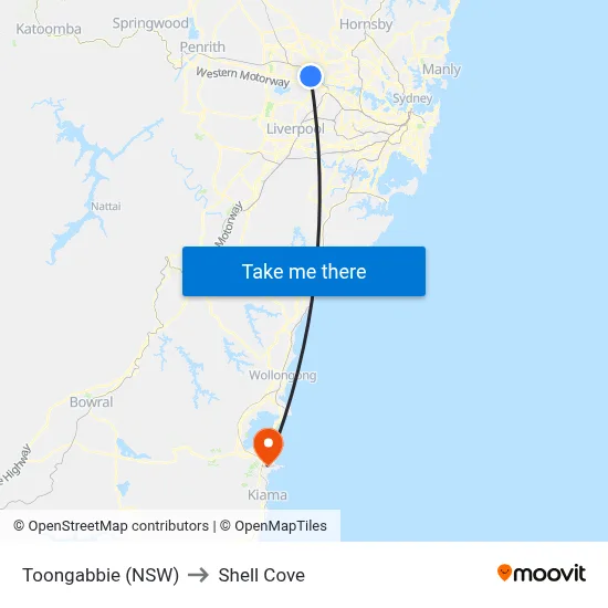 Toongabbie (NSW) to Shell Cove map