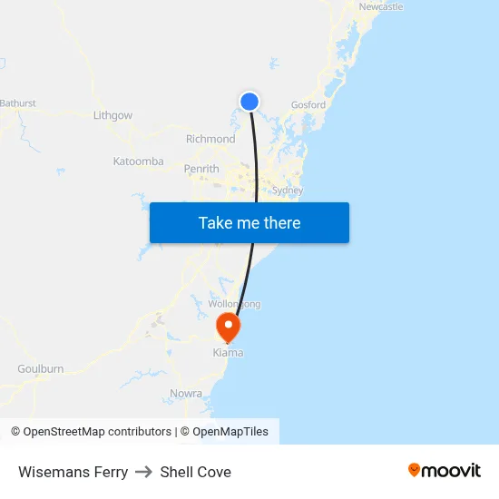 Wisemans Ferry to Shell Cove map