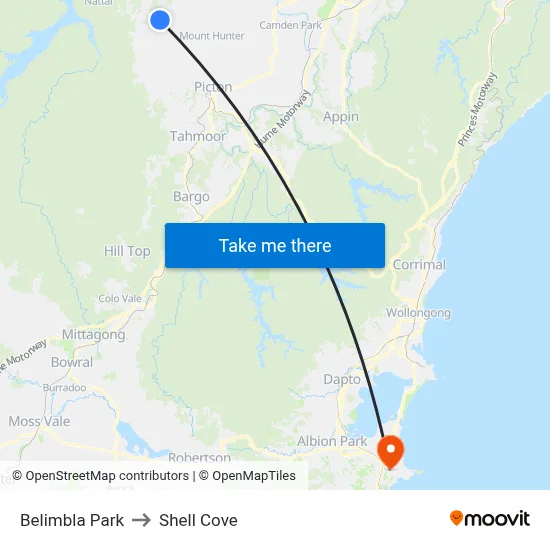 Belimbla Park to Shell Cove map