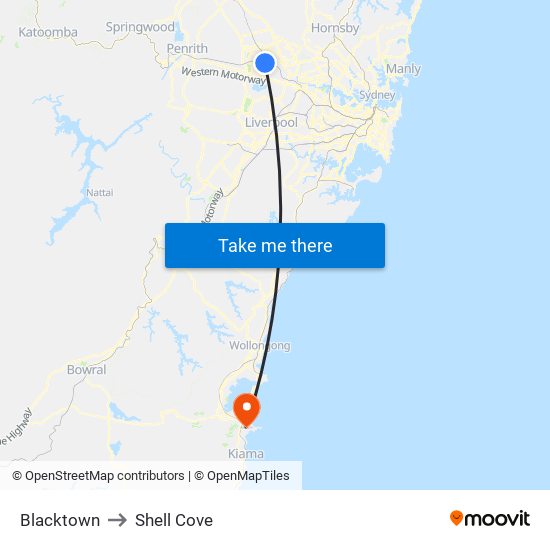 Blacktown to Shell Cove map