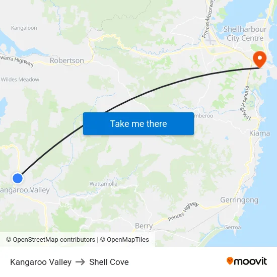 Kangaroo Valley to Shell Cove map
