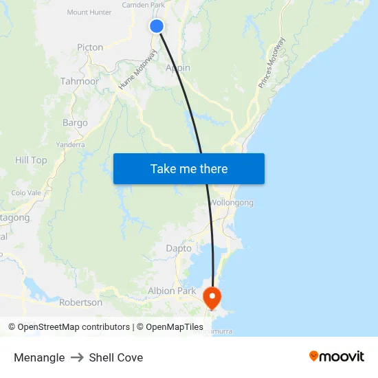 Menangle to Shell Cove map