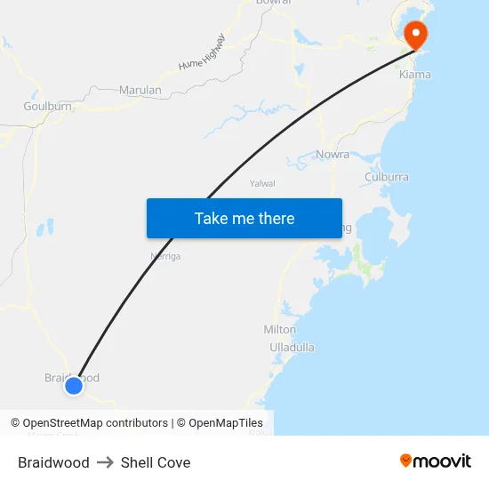 Braidwood to Shell Cove map