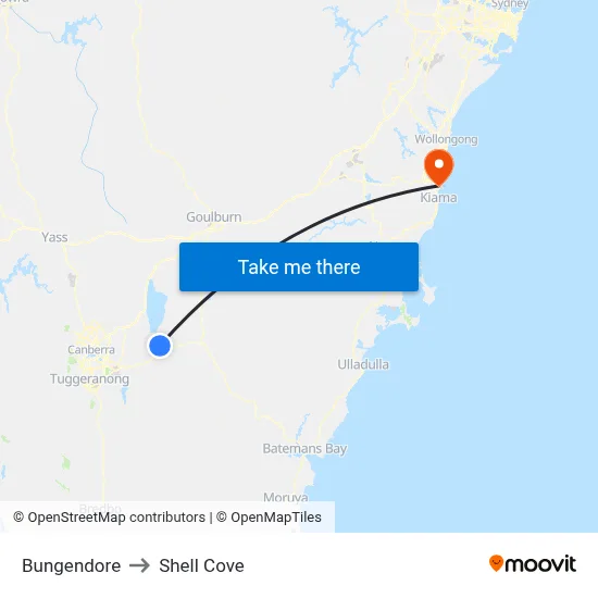 Bungendore to Shell Cove map