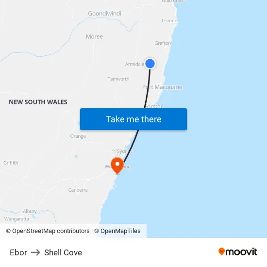 Ebor to Shell Cove map