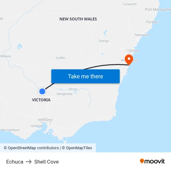 Echuca to Shell Cove map