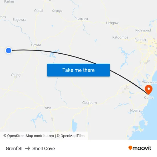 Grenfell to Shell Cove map