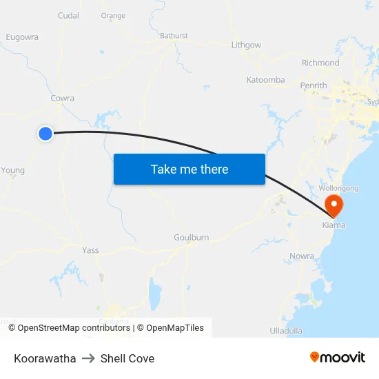 Koorawatha to Shell Cove map