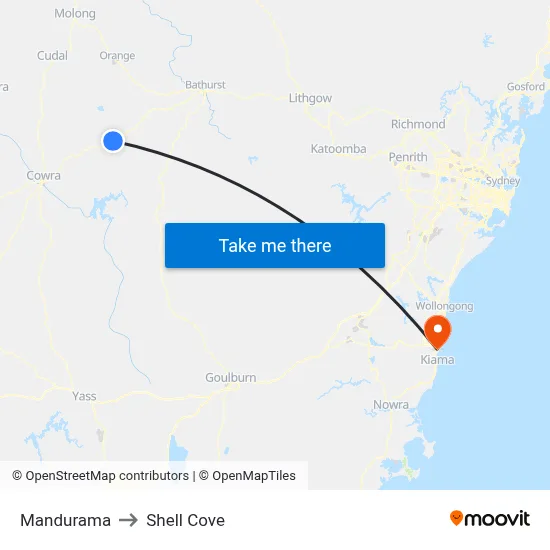 Mandurama to Shell Cove map