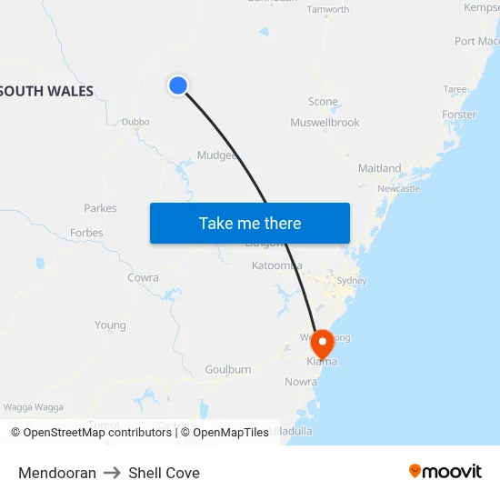 Mendooran to Shell Cove map