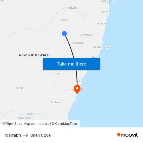 Narrabri to Shell Cove map