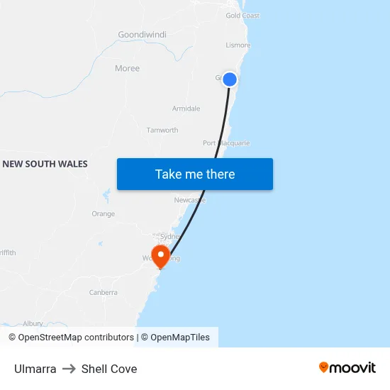 Ulmarra to Shell Cove map
