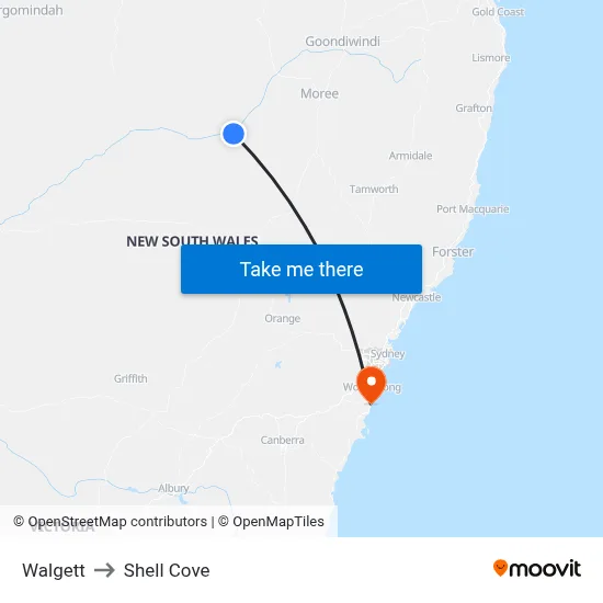 Walgett to Shell Cove map