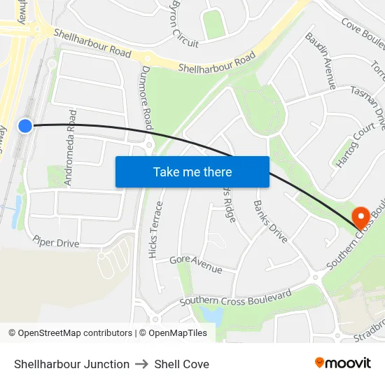 Shellharbour Junction to Shell Cove map