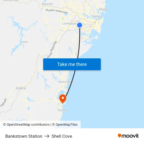 Bankstown Station to Shell Cove map