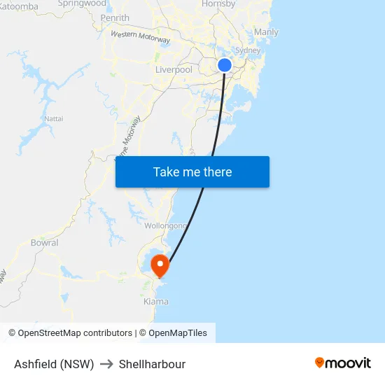 Ashfield (NSW) to Shellharbour map