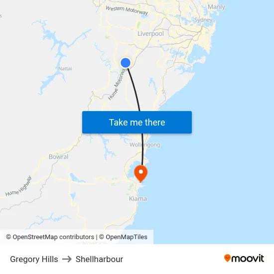 Gregory Hills to Shellharbour map
