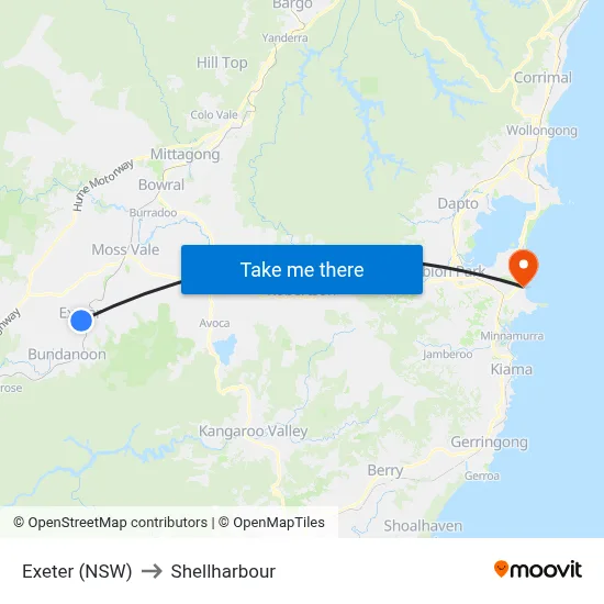 Exeter (NSW) to Shellharbour map
