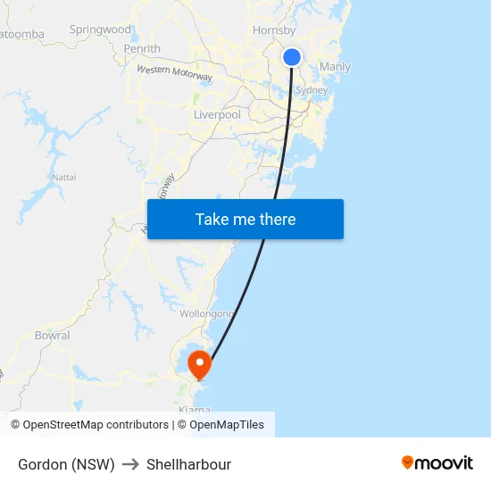 Gordon (NSW) to Shellharbour map