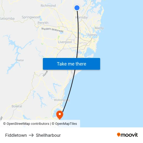 Fiddletown to Shellharbour map