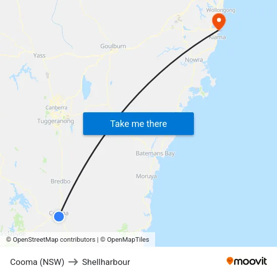 Cooma (NSW) to Shellharbour map