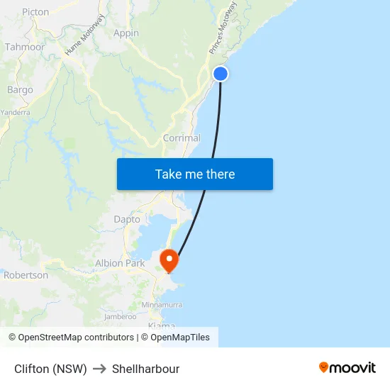 Clifton (NSW) to Shellharbour map