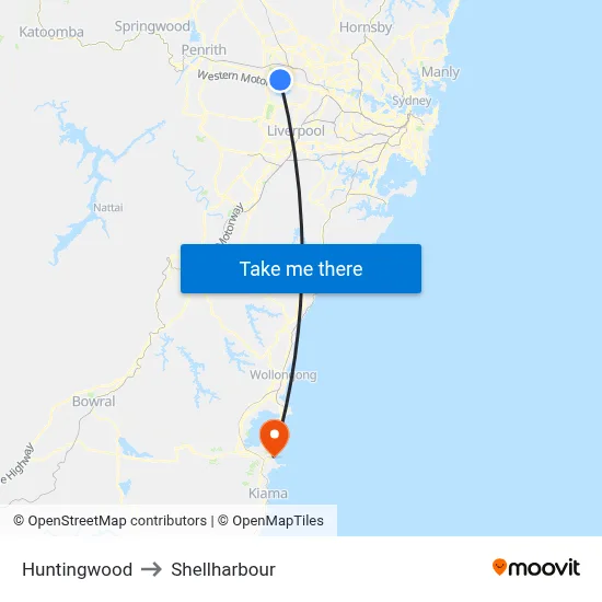 Huntingwood to Shellharbour map
