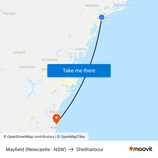 Mayfield (Newcastle - NSW) to Shellharbour map