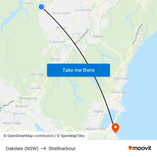 Oakdale (NSW) to Shellharbour map